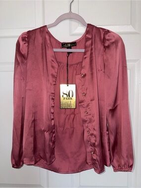 NWT 80 Park Rose Satin Button Front Blouse PXS Puff Sleeve